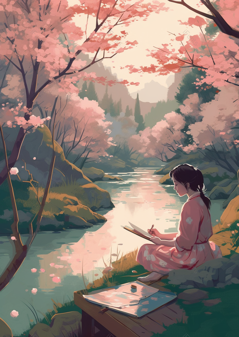 春天开满花朵的田野中一个女孩在写生背景,插画/手绘图,插画/手绘图库,插画/手绘图下载,插画/手绘